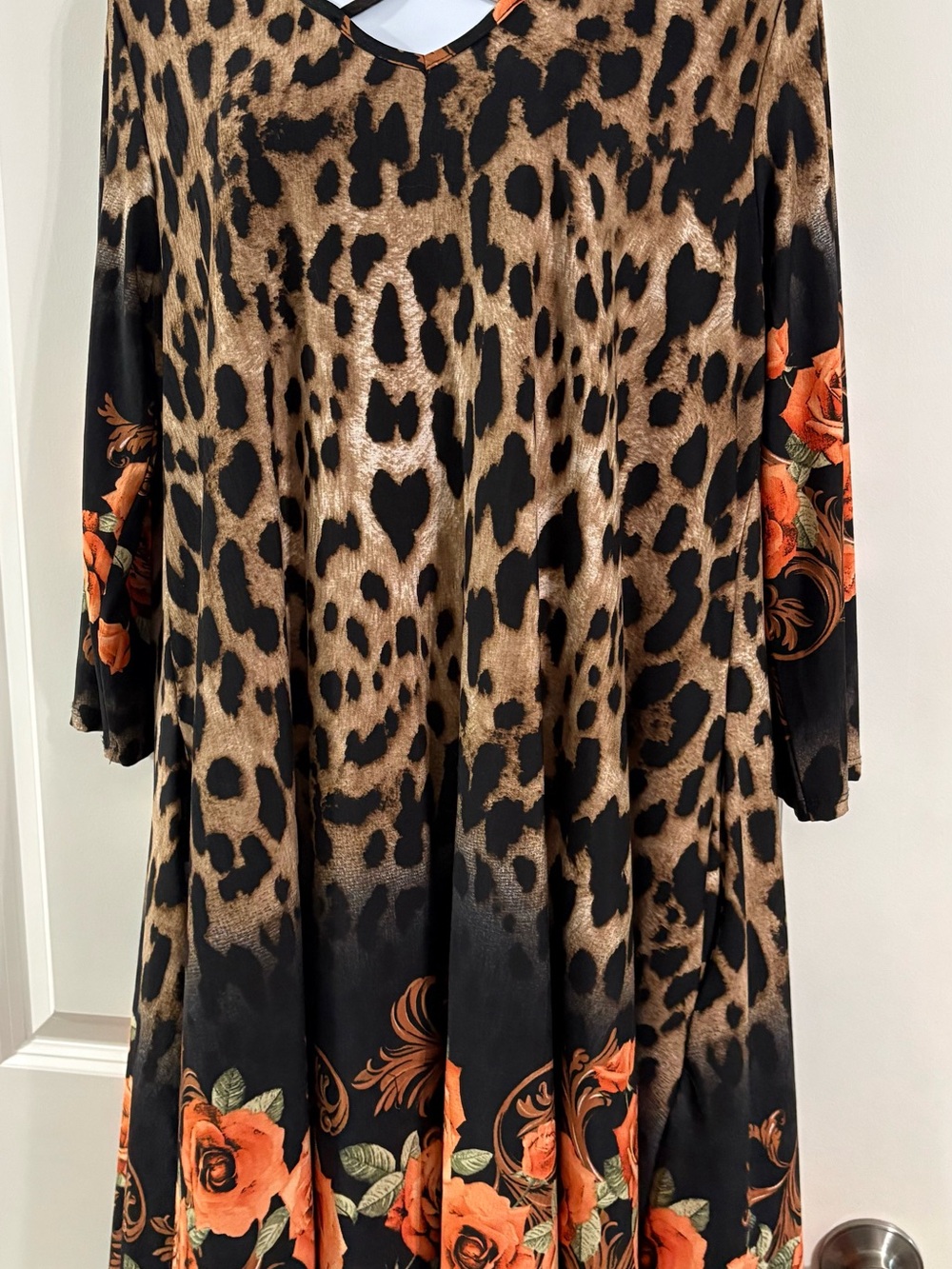 Source Unknown Leopard Print A-Line Dress with Orange Rose Accents
